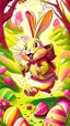 Placeholder: Easter bunny adventure, art, drawing, very illustrative, children book style, detailed, vibrant colors.