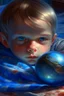 Placeholder: cover illustration, oil painting portrait of metallic sleeping slightly cute smirking innocent blue eyed vampire holding small earth on a platter on a towel, bokeh , high detail, smooth render, prize winning, down light, depth of field, aura, in wind