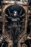 Placeholder: Closeup tall Girl goth with big eyes, ragged clothes, fullbody, dieselpunk, valves and old robots behind, the perspective looking up from the bottom of an empty well , 8k,macro photography,