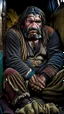 Placeholder: full figure shot photography of a dirty ugly burly stocky angry sweat iranian worker of a mining truck, 48 year old man, hands behind the head relaxing , manly chest, goatee, long hair with ponytail , sitting on an old sofa, boxer, bullneck, big feets, big tights, manly tights, sharp focus, street photo, angry eyes, intricate details, highly detailed, photorealistic, frontal view from the bottom, ambient occlusion