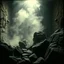 Placeholder: photo, 1920 horror movieshot, rocks, very odd objects in background, Ades, Charon, tenebroso, macabro, marcio, interno museo, fiotti di liquido nero che zampillano, hypermaximalist, strangeness, sundial light, odd, intricate, Lawrence Alma-Tadema style, albero, hypnotic, eerily mysterious, artistic photo, shot on Hasselblad, sadness, follia, smoke, daguerrotype