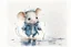 Placeholder: watercolor painting, Jean-Baptiste Monge style, Cute adorable baby white mouse in jeans clothes walking in the rain in Autumn, splash art