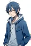 Placeholder: dark blue haired anime boy in a jean jacket