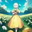 Placeholder: anime girl holding on to a flower and blowing the dried seeds into the air as the wind carries them away. outdoors scene.anime girl standing in a meadow of flowers. thw wind is blowing flower pedals into the wind. girl wearing yellow dress. more emphasis on seeds floating in the air. lots of seeds floating the air. lots of flower pedals floating the air behind the girl. rose pedals all over the ground.emphasis detail on the girls facial features