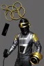 Placeholder: Metallic Cyber-punk style man with a web-camera-mask and old AKG-style headphones with golden rings. Large fencing mask covers man's cheeks. Man in good body shape. Reflective plastic body jacket full-coverage. Body and head full of integrated old-fashioned cameras and an old telephone. Perfect body. Euclidean 3D-tiling, Escher tiling, background. Cables. Daft Punk, Matrix movie black leather jacket with a Hood. Yellow latex areas in black leather surfaces body. 1990's