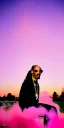 Placeholder: Snoop dogg, sitting. a chair. pink houses, pink sky, pink smoke, trees, outdoors. Groove street. 28mm