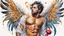 Placeholder: white background, gouache, acrylic, 35-year-old man angel, fine drawing, high detail, 8K, drips, bright colors, HD photography, feathers flying, swirls, gold, tattoo, apple