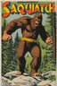 Placeholder: Vintage paper "Monthly" superhero comic book "sasquatch", dc comics, 25¢, accurate hands, throwing a rock in the forest, shiny paper, clenched fists