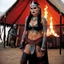 Placeholder: [high res photo by Mil Mascaras] Maria Whittaker as a tattooed viking with sharp vampire fangs, she chills in a tribal tent, she stands in feather boots, she holds a flaming demonic swaords