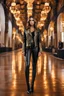 Placeholder: Photography full body beautiful modeling girl on fashion show using A high detailed 3d render of a black and fully gold ornaments long black leather jacket.