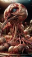 Placeholder: cinematic gore Bosch vs Dali style photorealistic photo of a mangled embryonic ostrich wrestling itself in a fleshy vortex of anatomically fragmented, ripped apart again being flayed, skinned alive beating heart, muscles, blood vessels, bowels, entrails, capillaries, oozing puss are exposed. Visceral anatomy. physiology. Their face and body opens with a zipper. Bosch and Dali inspired hallucinations. mythology. grotesque.