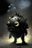 Placeholder: Solid spherical creature, four black eyes, very small mouth, lighting body, The creature is iron, without dots, wearing worrier shoes, smoke from the head, high details, stunning realistic photograph