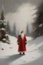 Placeholder: Snowy outdoor scene, painting, santa standing with back visible, mysterious, mostly white except red on santa