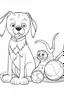 Placeholder: a dog with a ball on it's mouth with a cat beside it. kids coloring book. no color. thin crisp lines