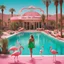 Placeholder: In the dazzling city of Las Vegas, amidst the neon lights and shimmering facades, stands a woman unlike any Don Quixote has encountered in his adventures. Clad in a short green dress that sparkles under the desert sun, she finds herself in a most curious setting—a pink swimming pool teeming with flamingos and bananas.