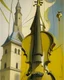 Placeholder: A steeple with string family instruments painted by Lyonel Charles Feininger