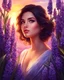 Placeholder: Medium view of a beautiful girl standing surrounded by full of hyacinth flowers, beautiful face, dark hair, shining eyes, sunset, back light, digital painting style, high quality, 4k