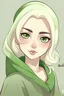 Placeholder: Simple drawing, Blonde, Green eyes, blonde eyebrows ، not makeup ،wearingg a hijab a ، write Bella signature Bella, cartoon style, color flat