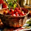 Placeholder: Culinary still life rendered full-screen, sidelit by sunlight streaming in the kitchen window, sharp-focus, macro-view, very close-up and in watercolor. The subject of the frontal-viewed still life is a woven water hyacinth basket filled with an array of elongated, narrow, oblong finger limes tapering at both ends, in the colors red, dark green, reddish-brown, light green and yellow-green. A single finger lime lies outside the basket on a wooden cutting board along with a small, weathered paring