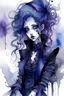 Placeholder: An ink wash and watercolor illustration of a young stoic Goth vampire witch with highly detailed hair and facial features , in the abstract expressionist style, indigo and amethyst, ragged and torn Victorian costumes, hard , gritty, and edgy depictions, full body vibrant forms, ethereal, otherworldly, weird sisters