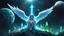 Placeholder: angels with a beautiful face with a wings siting on the monolith made of blue tiberium crystals of lights, matrix universe, planets on the back grounds, green crystals of tiberium on the life and right