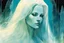 Placeholder: create an imaginative closeup full body print illustration of the pale translucent ghost of a female Oracle with finely detailed hair and feminine facial features, in an ethereal, otherworldly mountain temple , in the comic book art style of Bill Sienkiewicz, Mike Mignola, and Jean Giraud Moebius, finely textured, drawn, colored, and inked, suffused with dramatic natural light and shadow of a midnight crescent moon