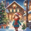 Placeholder: In this heartwarming children's illustration, a beautiful Christmas anime girl with shiny light brown hair fills the air with holiday cheer. Her lovely sparkling blue eyes reflect the twinkling lights around her. Surrounded by Christmas trees adorned with colorful ornaments and other festive decorations, the scene is filled with joy. Cute cottages nestled in the snow-covered landscape add a cozy touch to the illustration. The glowing lights create a magical ambiance, and the warm hues of the sun