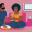 Placeholder: 30 years old slim handsome black man and 28 years old curvy lady with afro hairstyle eating and watching television in a large sitting room, digital painting, digital illustration, extreme detail, digital art, 4k, ultra hd