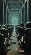 Placeholder: Bosch painting style ,nightmare, a lot of aliens prisoners sitting on the floor in rows with hands tight to the back and heads down