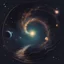 Placeholder: 翻译 A vast universe, turning into a beautiful alien black hole cosmic life shrimp fish, half out of the universe's original earth. The whole picture is a complex starry sky scene, fantasy, abstraction, beautiful outer world landscape