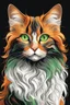 Placeholder: Vector illustration of a beautiful cat with long, wavy, thick hair, pointed ears, bright green eyes, orange, black and white colors, ultra quality