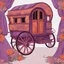 Placeholder: Old fashioned purple, orange and pink gypsy wagon decorated, curtains fluttering in the wind