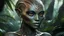 Placeholder: Plano general, hiperrealista, ultra HD, de un alien humanoide mujer, con rasgos mayas, tatuajes tribales, piel cobriza texturizada, cráneo alargado, joyas tribales ojos grandes, almendrados, pupilas redondas y oscuras, nariz pequeña y ancha, fosas nasales pequeñas, labios finos, orejas puntiagudas. fondo de la figura entorno selvático.