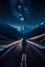 Placeholder: A girl standing in between a Crossroads, with one road leading to starry nights and another road leading to snow capped mountain