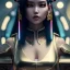 Placeholder: Rosalía, Cyborg anime samurai, cyberpunk, white skin, light black hair, geisha hairstyle, cobalt eyes, blood in face, waist up portrait, 8k resolution, retroanime, intricate details, neon details, soft lighting, vibrant colors, masterpiece, intricate eyeliner, dark eyeshadow, eyes, intricate tattoos, gradient background