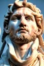 Placeholder: Realistic image, Roman sculpture made in white marble with gold veins, Lionel messi with gold laurel leaves crown, two blue brushes, decorative star on the chest, waist up portrait, marble material, gold ornaments, Baroque style, sun rays background, epic, celestial, cinematic lighting, God lights, 4k resolution, smooth details, soft lighting, unreal engine 5, art station, substance 3d.