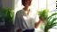 Placeholder: Woman holding a plant in the sunshine, interior, white shirt, instagram. digital painting.