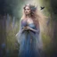 Placeholder: captivating conceptual portrait featuring a Swedish woman with cascading, ethereal hair and an enchanting aura. Her flowing gown is adorned with a diverse array of wildflowers, including Fireweed, Linden flower, Meadow sweet, Cornflower, St. John's wort, Stinging nettle, and Peppermint plant. Her delicate hand tenderly touches a mystical blackbird