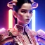 Placeholder: Rosalía, Cyborg anime samurai, cyberpunk, white skin, light black hair, geisha hairstyle, cobalt eyes, blood in face, waist up portrait, 8k resolution, retroanime, intricate details, neon details, soft lighting, vibrant colors, masterpiece, intricate eyeliner, dark eyeshadow, eyes, intricate tattoos, gradient background