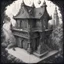 Placeholder: A detailed and whimsical 3d isometric illustration, created in a vintage charcoal style. This creation delves into extraordinary and fantastical architecture, brimming with elaborate details that beckon the observer to explore every nook and cranny. The presence of the figure at the entrance infuses a sense of enigma and storytelling into this fantastical tableau. Perfect for aficionados of fantasy artwork and classic illustration.