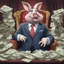 Placeholder: rich pig in suit on a throne making stacks of money by making a deal with a buisnessman. bugs bunny making sick beats in a background as he is known musician