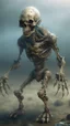 Placeholder: A creature with skull covered with thick layer of corrosion standing , Bosch painting style , of a nightmare , hyper photorealistic, hyper detailed dark art color, high resolution, fog, octane render, tilt shift, HDRI Environment, all pictures dark gray