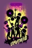 Placeholder: upclose tshirt print of a band,text on print - "Mashup", cool and trendy mix between modern music and 90s funk, selective colors, skeleton shadow figures jamming in the sunset, drums, guitars, fluits, chaotic