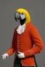 Placeholder: Half parrot half human in a 1700s Orange Dutch uniform in a Dutch cafe