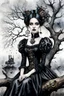 Placeholder: hyper realistic watercolor art style with ink of a steampunk gothic style young woman. She is like doll with pale skin, big dark eyes, tiny nose, tiny mouth, dark hair in gothic dress sitting on a dry tree branch. deep, dark colors, her face is melancholic, surreal with mysterious elements. fog, barren landscape, crows in the gray sky, thriller, weird style, smooth blending, extremely detailed, realistic textures, cinematic, dramatic lighting