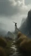 Placeholder: narrow stone path above the ground gradually getting higher into the clouds no railings, dangerous drop people in black leathers medievil period weather is wet spiraling into the clouds fantasy, a mountain with waterfall showing in the background