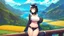 Placeholder: girl on the bridge,open navel, black hair, orange eyes, river, mountain,collar on neck, raccoon ears, raccoon tail, (2: big breasts), rice fields.