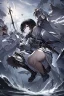 Placeholder: Anime girl with short black hair and sharp green eyes holding a sinister spear and sword, black and white metal armour, full body shot, Dark lighting,1woman, soaked in blood,Warrior