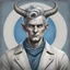 Placeholder: Devil with short gray hair and gray spiraled horns wearing plain clothes of cream and gray-brown with a blue belt background rome in pencil art style