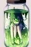 Placeholder: moody anime girl, scared face trapped in a jar with slime, feet point view,